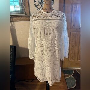 NWT Miss Kelly 1999 Crochet Bell Sleeve White Dress.  Size Large.